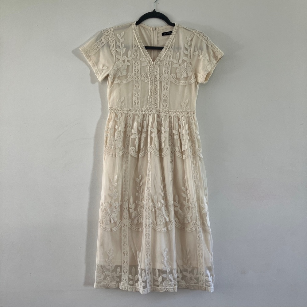 Mikarose Cream Embroidered Midi Dress